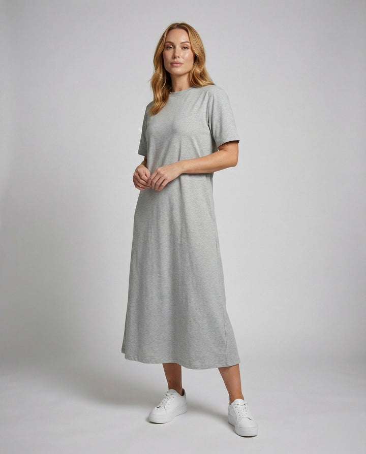 Women's mock neck short sleeve maxi dress with stylish side split. Ideal for casual spring & summer wear.