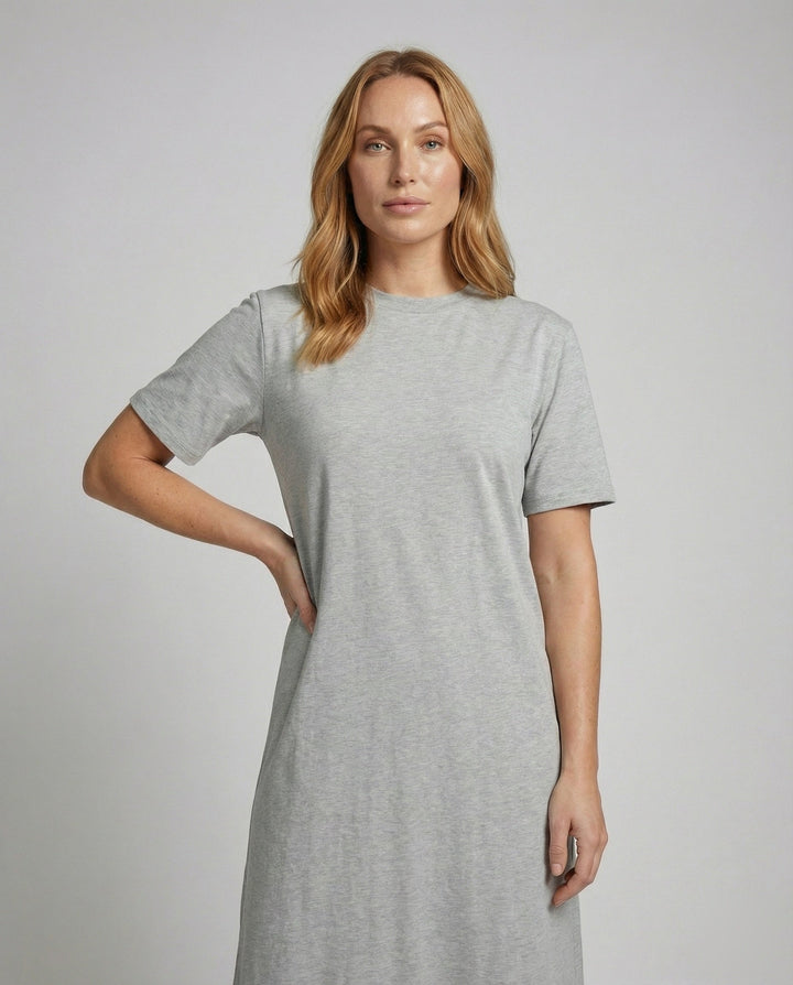 Comfortable A-line women's maxi dress. Features a mock neck, short sleeves & a chic side split. Versatile style.