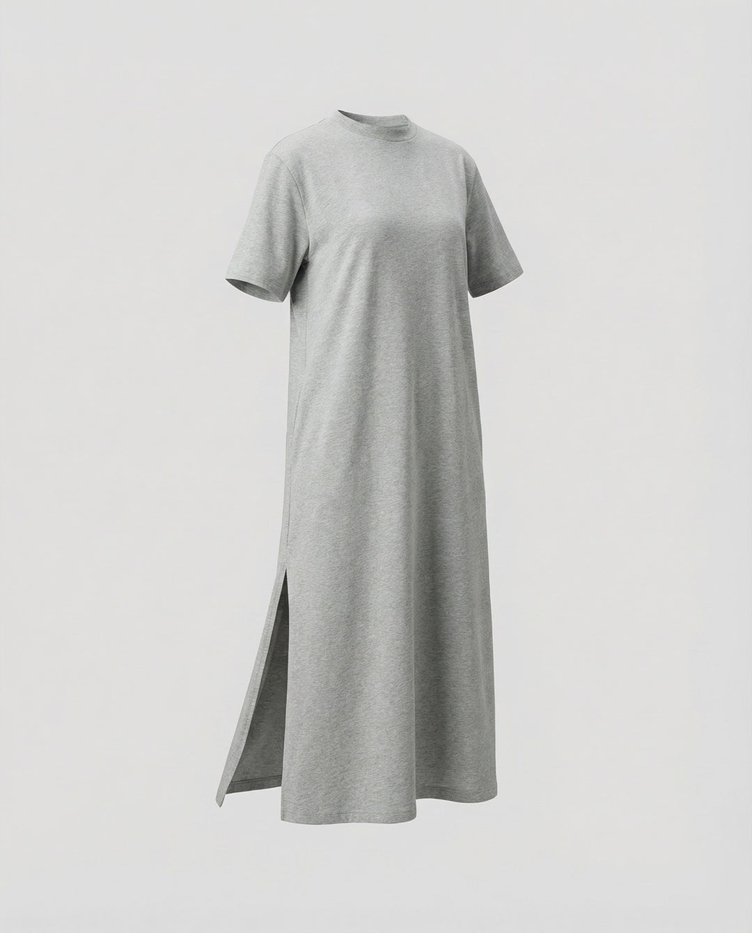 Minimalist women's maxi dress with mock neck, short sleeves, and elegant side split. Great for summer fashion.