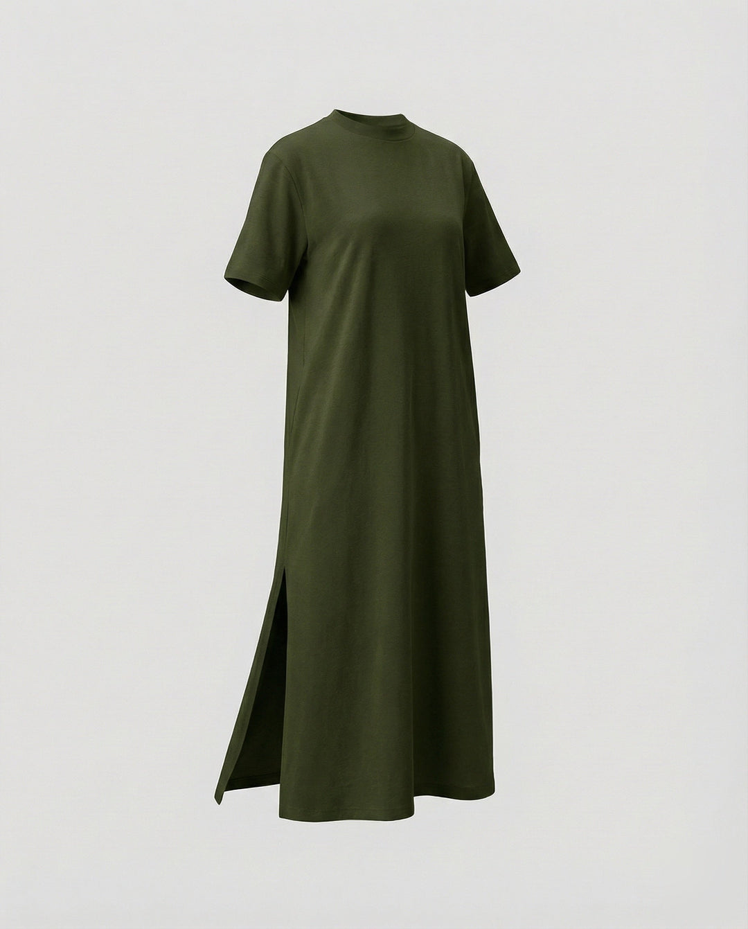 Stylish spring/summer A-line maxi dress for women with mock neck, short sleeves & side split.
