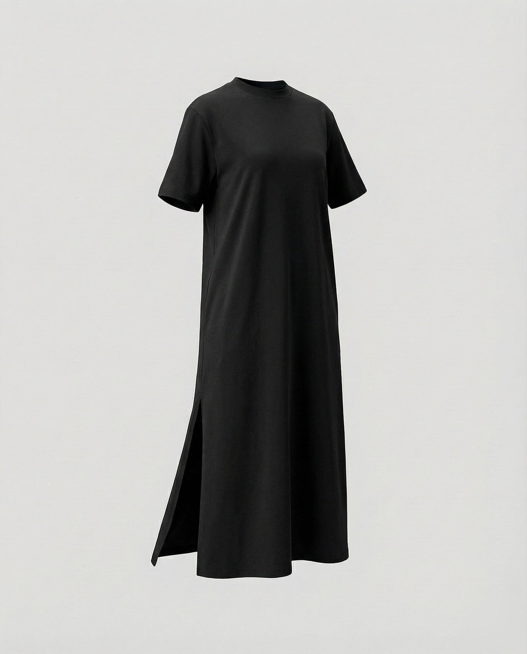 Versatile women's short sleeve maxi dress with mock neck. Comfortable and chic, featuring a trendy side split.