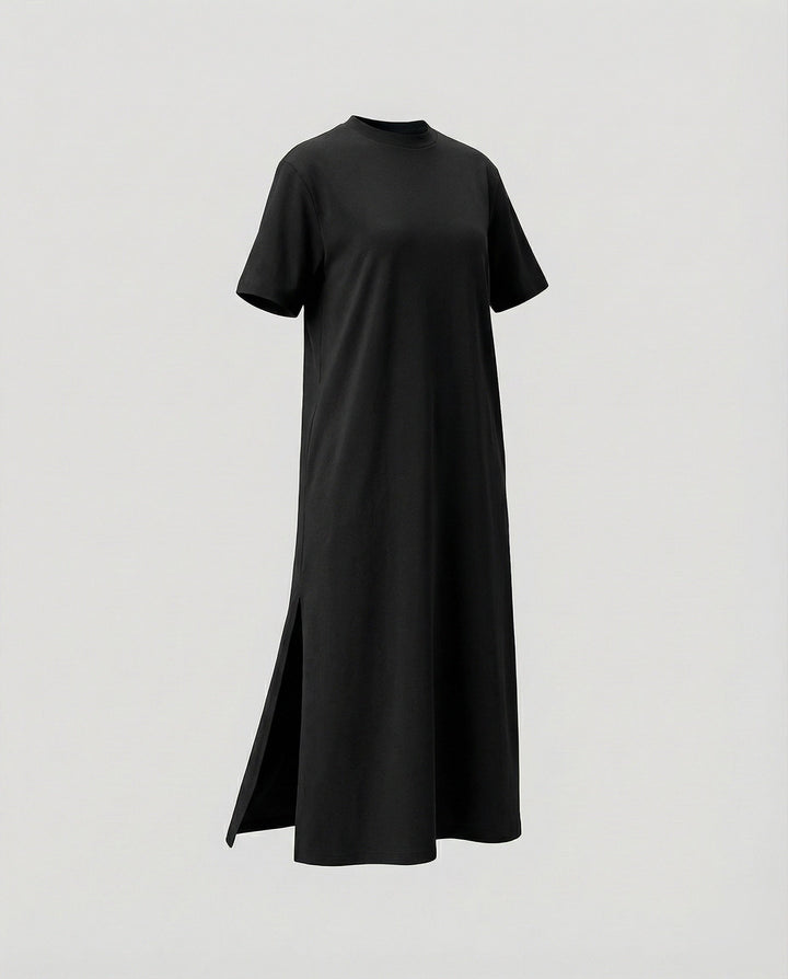Versatile women's short sleeve maxi dress with mock neck. Comfortable and chic, featuring a trendy side split.