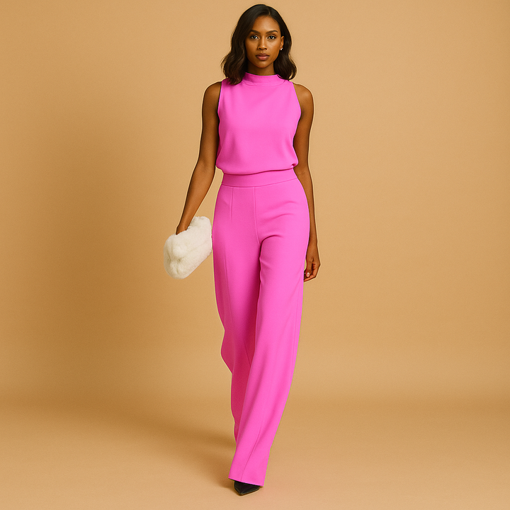 Elegant women's wide leg formal jumpsuit with mock neck & sleeveless design, suitable for evening wear.