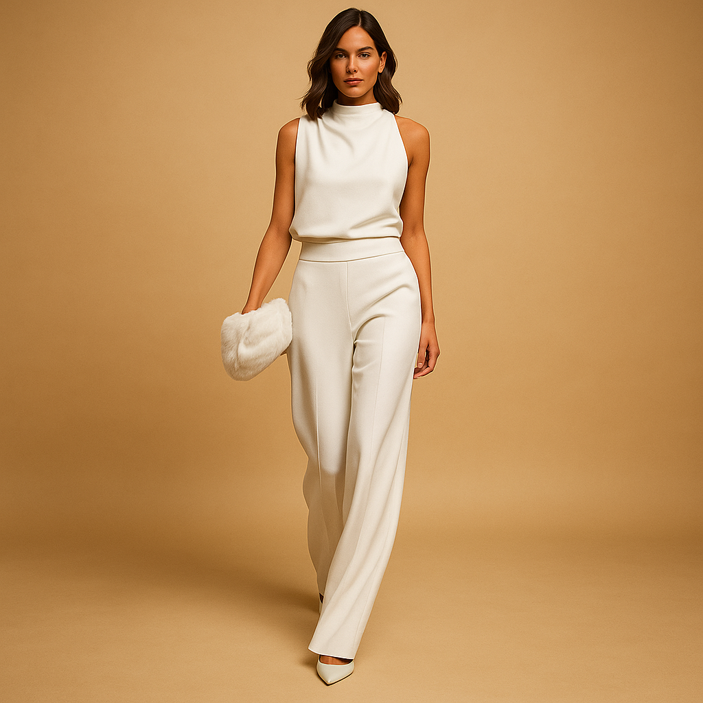 Modern formal women's mock neck sleeveless wide leg jumpsuit, a chic and comfortable choice for events.