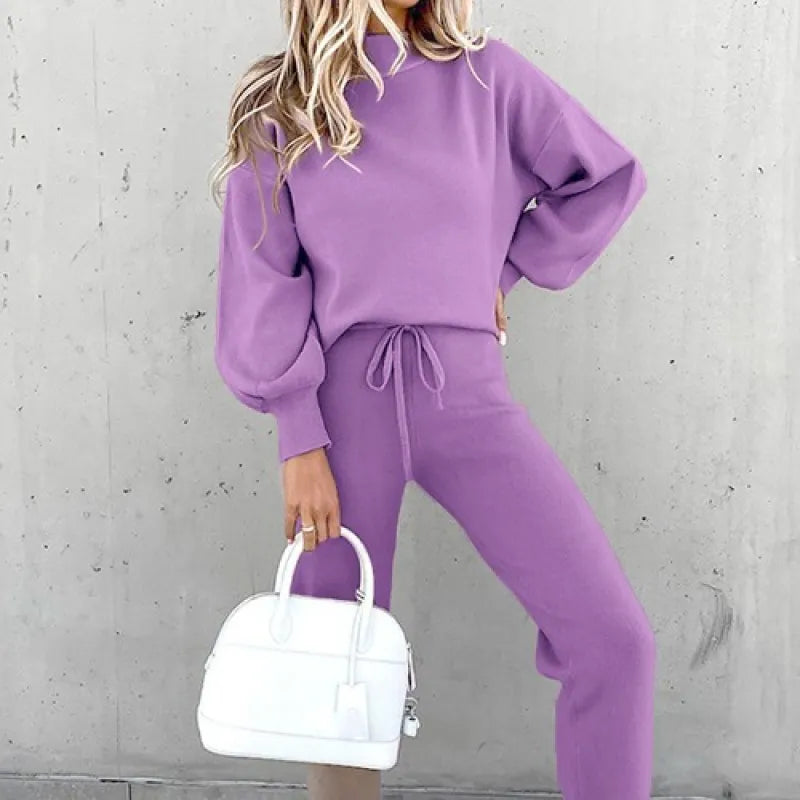 Women's mock neck two-piece set with drawstring pants, perfect for casual loungewear.