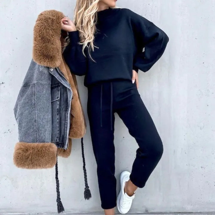 Fashionable women's mock neck two-piece set with balloon sleeves for ultimate comfort.