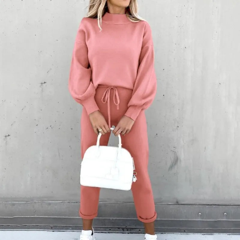 Versatile women's two-piece set: mock neck top, comfortable drawstring pants. Casual & stylish.