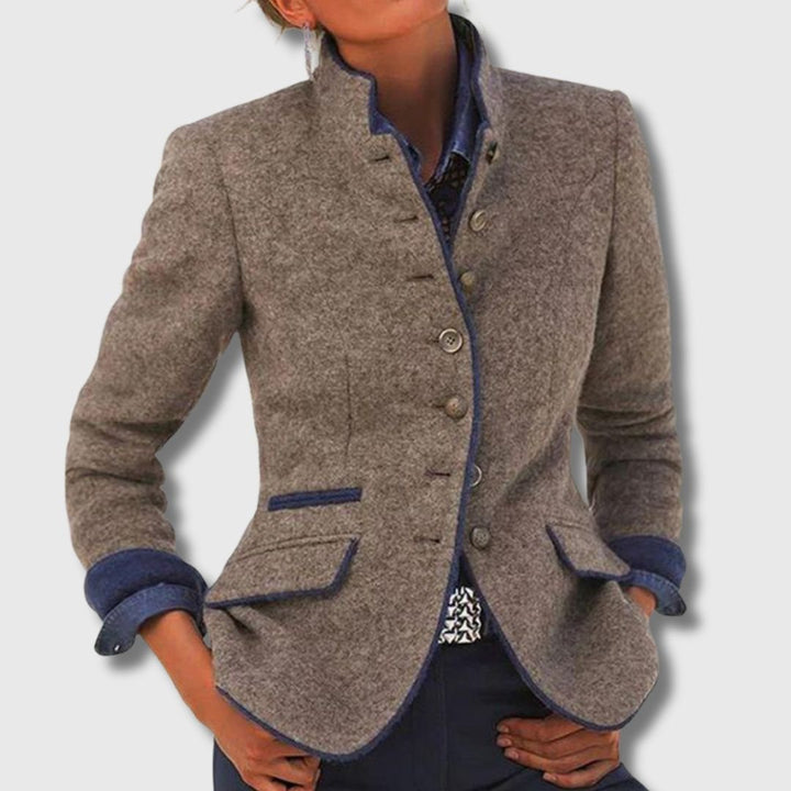 Women's modern stand-collar blazer with elegant tailored fit, perfect for professional or business casual office attire.