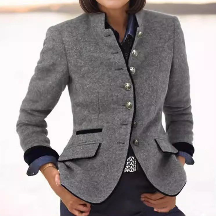 Chic women's tailored blazer, single-breasted, with a stylish stand collar for versatile smart casual & office wear.