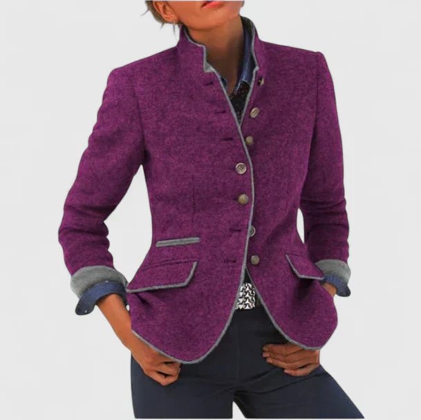 Elegant women's stand-collar blazer, a modern single-breasted tailored jacket ideal for professional & business casual.