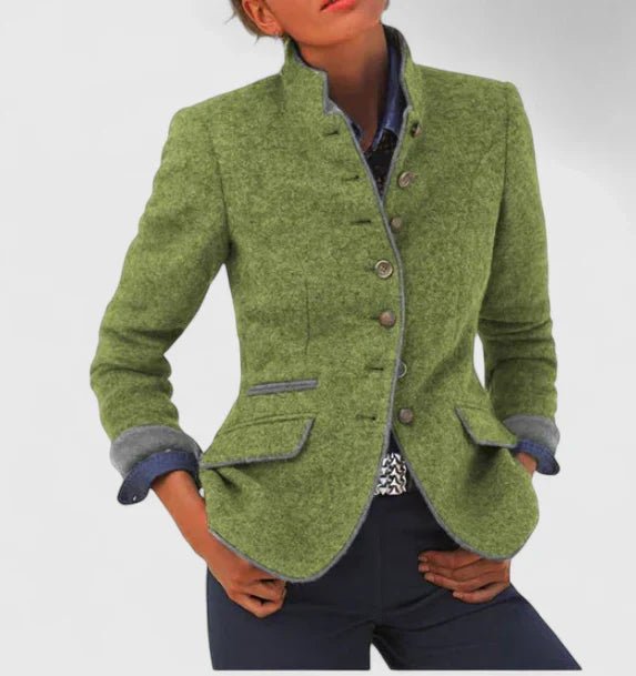 Stylish women's modern stand-collar blazer, a chic tailored jacket for versatile layering and office fashion.