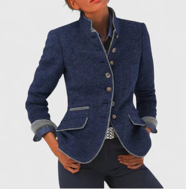 Women's elegant tailored fit blazer with a stand collar, perfect for professional outerwear & smart business casual.