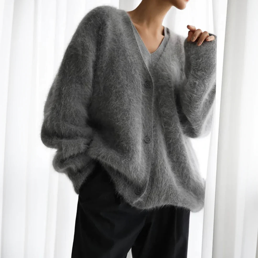 Women's mohair wool blend knit open front cardigan in a soft pink, perfect for warm layering