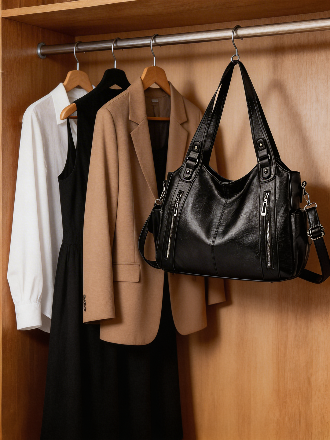 Women's multi-compartment shoulder bag in black, perfect for organization & stylish everyday carry.