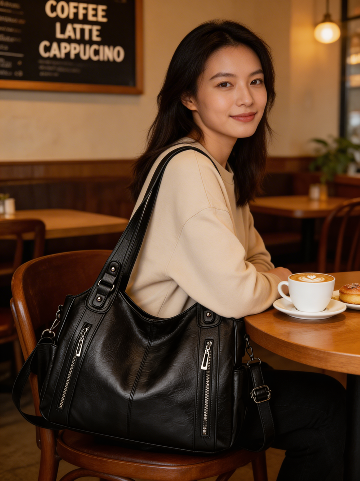 Stylish maroon women's shoulder bag with multiple compartments, a versatile & elegant handbag for office or travel.