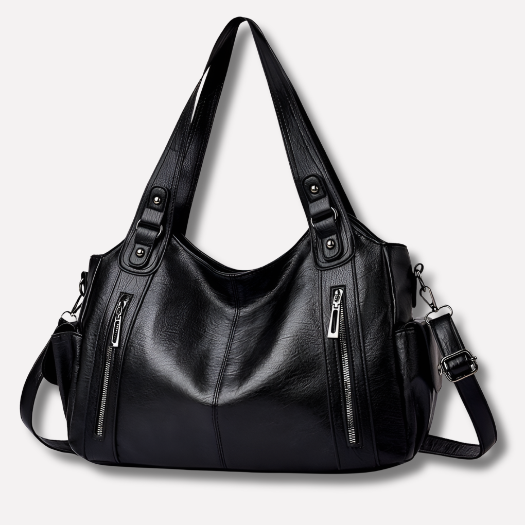 Versatile black women's multi-compartment shoulder bag, a stylish handbag for office, travel, and daily use.