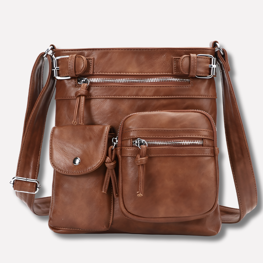 Women's multi-pocket crossbody bag with adjustable strap for organized everyday carry.