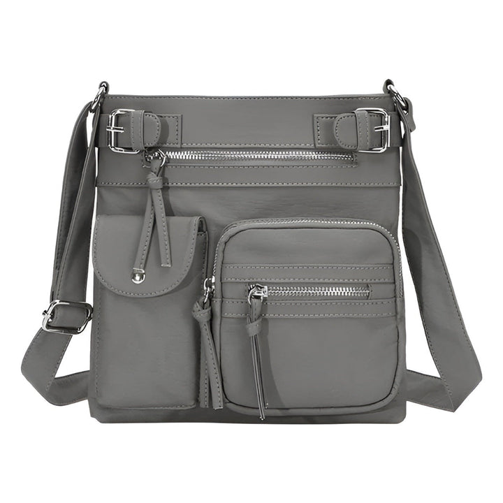 Grey women's organized crossbody bag with multiple pockets, perfect for everyday essentials.