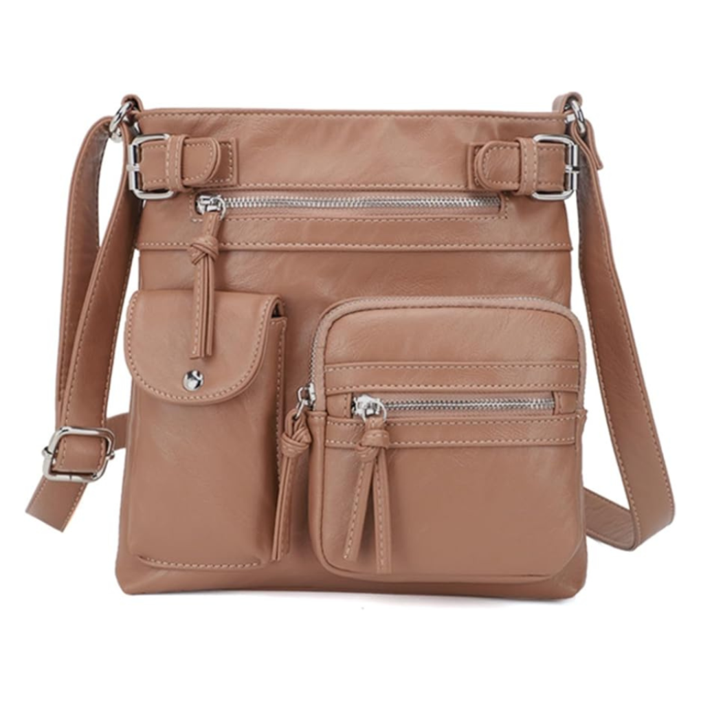 Compact women's crossbody shoulder bag with adjustable strap and multi-pocket design.
