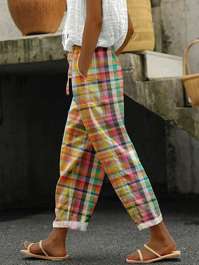 Women's multicolor plaid linen blend casual pants with drawstring waist, relaxed fit, perfect for summer comfort.