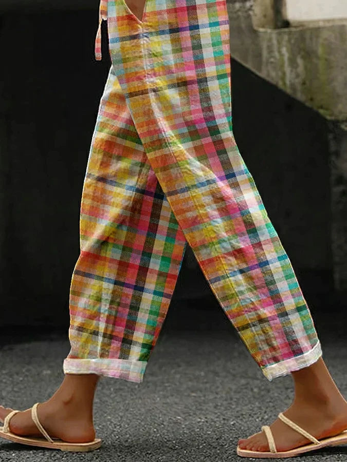 Colorful women's plaid linen blend summer pants featuring an artistic print and elastic waist for comfortable wear.