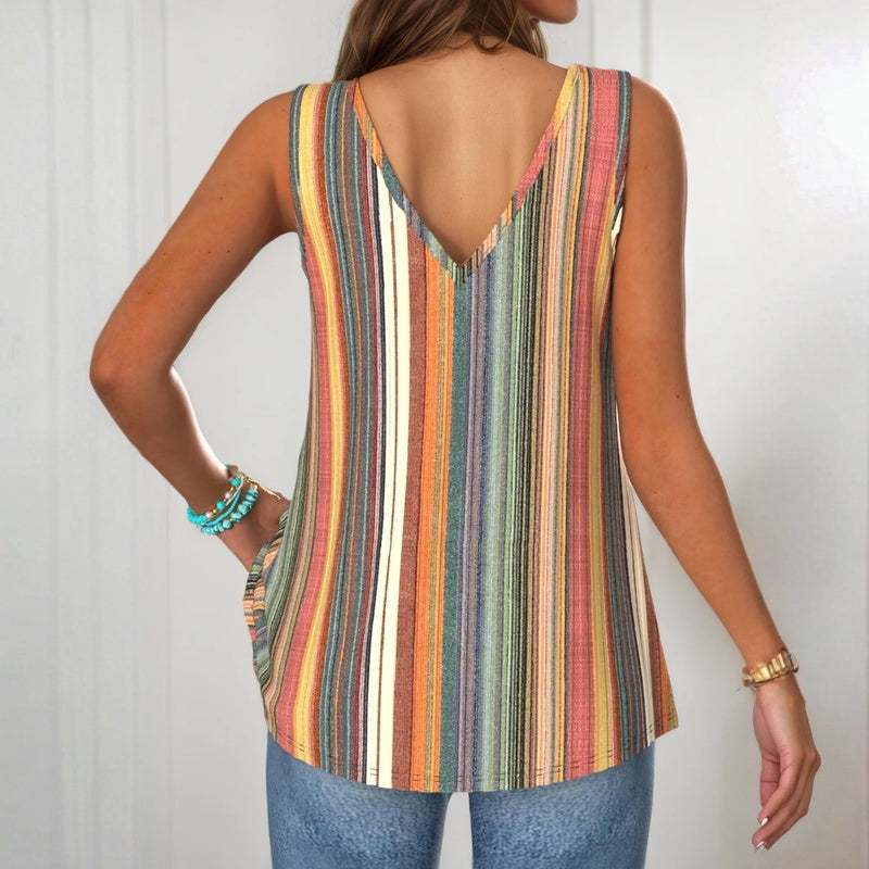 Chic women's striped V-neck sleeveless top, relaxed fit with stylish button details, ideal for everyday wear.