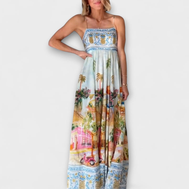 Women's multicolor summer maxi dress, ankle-length, sleeveless, and loose-fit for elegant casual wear.