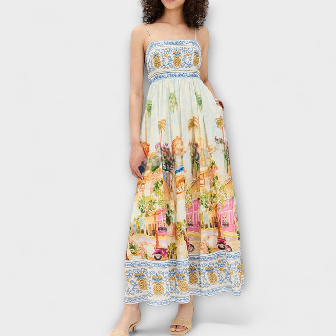 Elegant women's multicolor maxi dress, perfect for summer holidays, featuring a comfortable sleeveless design.