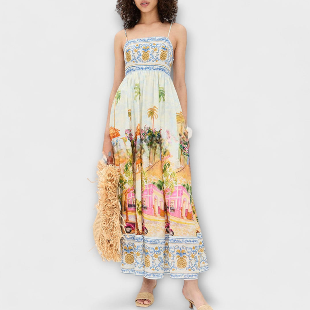 Vibrant multicolor maxi dress for women, with a sleeveless, loose-fit design ideal for summer elegance & comfort.