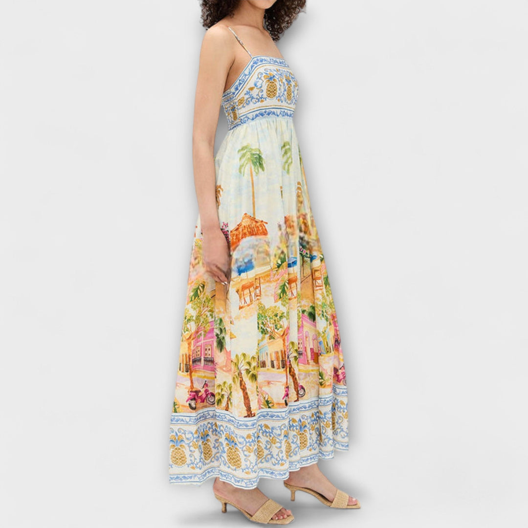 Stylish women's sleeveless multicolor maxi dress, ankle-length and loose-fitting, ideal for summer casual elegance.