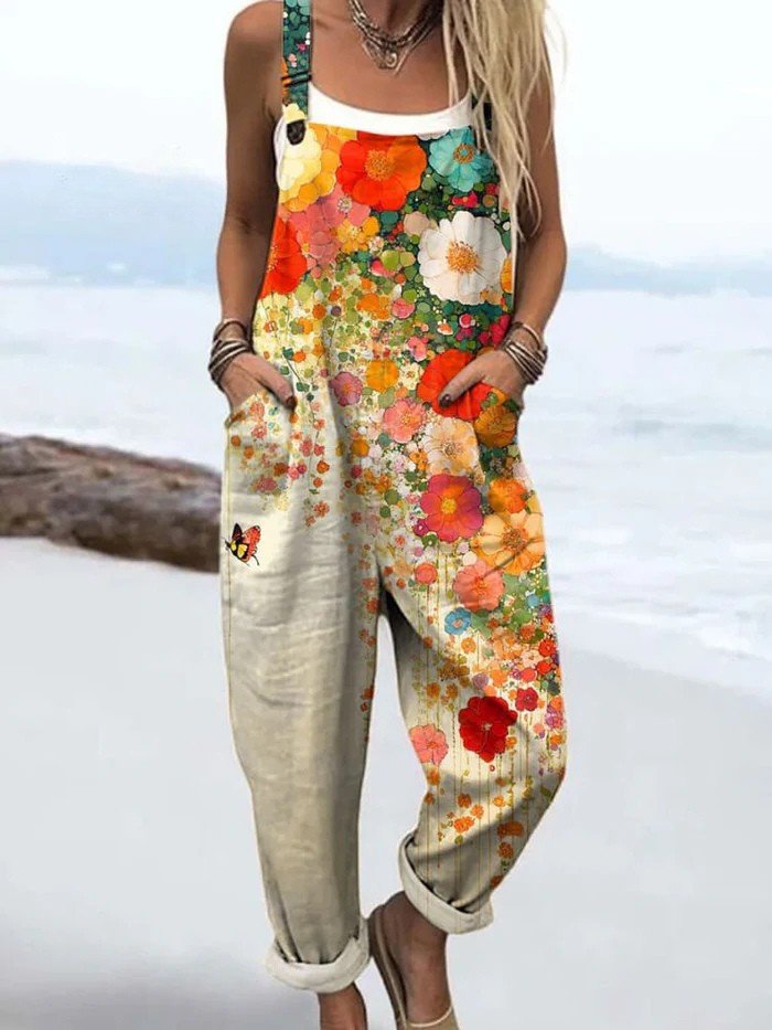 Women's multicolour floral wide leg sleeveless jumpsuit; comfortable & elegant for summer casual wear or vacation.