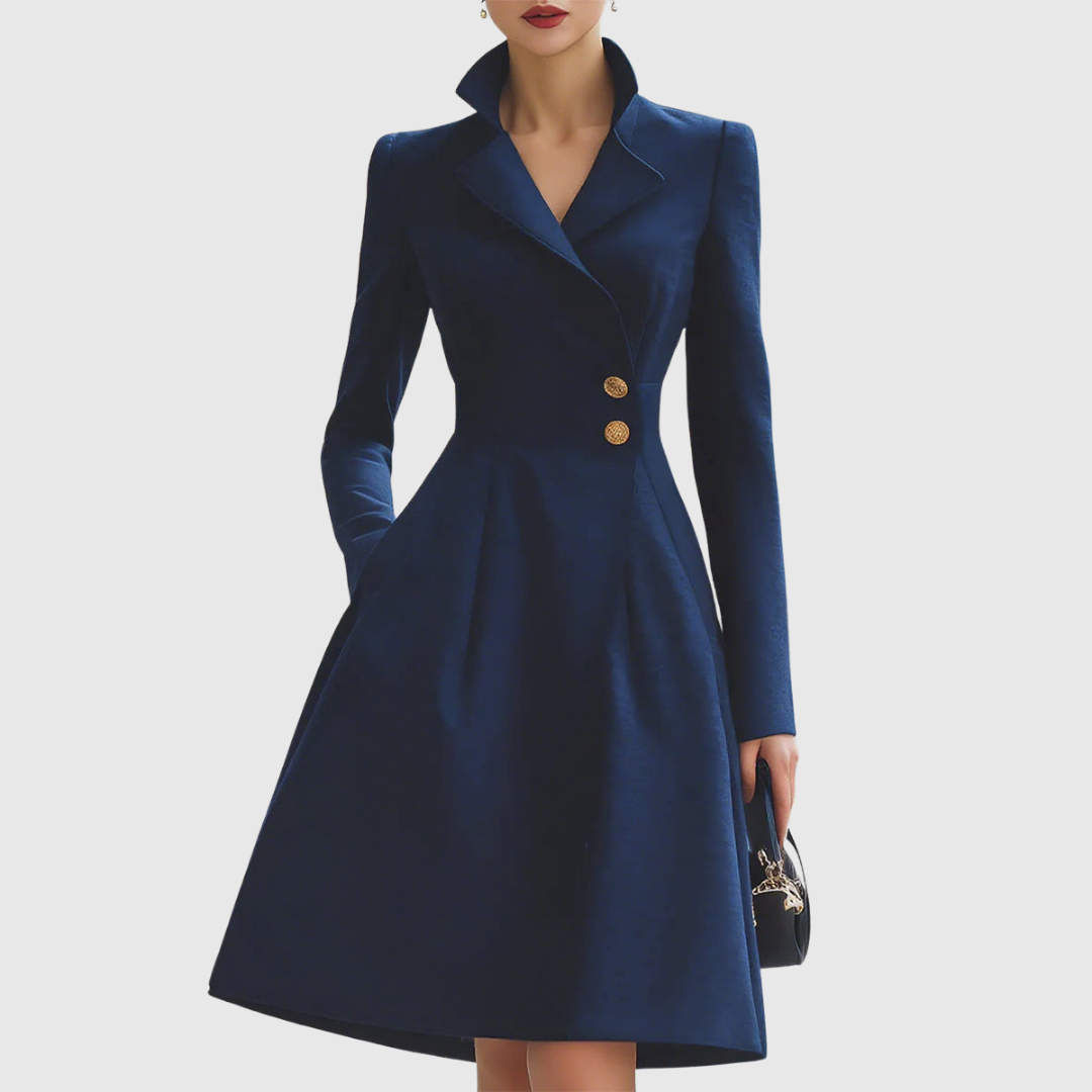 Women's navy tailored fit coat midi dress with long sleeves, perfect for formal office wear & elegant events.