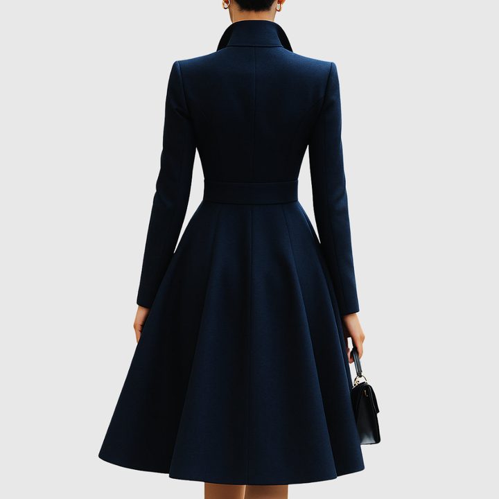 Sophisticated women's navy long sleeve midi coat dress, ideal for elegant formal occasions & professional attire.