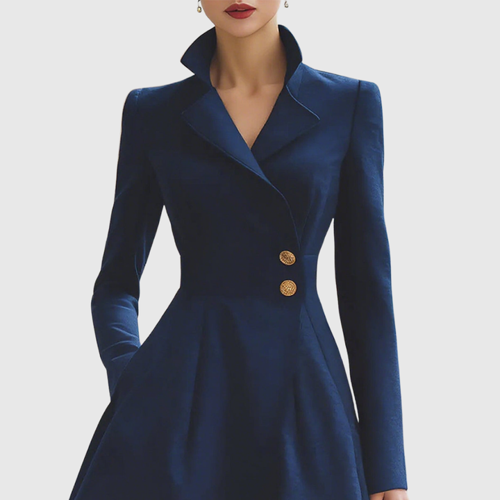 Elegant women's navy tailored midi coat dress. A chic long sleeve dress suitable for office, formal or evening wear.