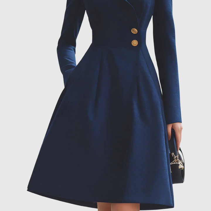 Classic navy tailored fit long sleeve midi coat dress for women. A sophisticated & formal dress for work or events.
