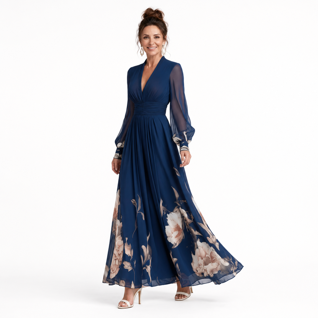Flowy navy pleated maxi dress with a flattering V-neck, showcasing elegant pleats and sheer sleeves for women.