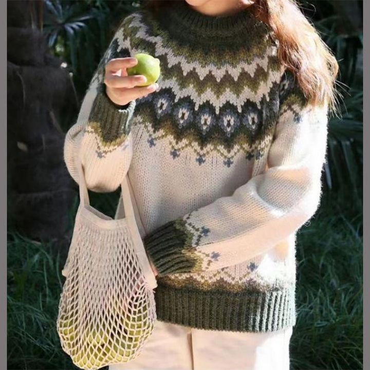 Women's Nordic pattern sweater, cozy knit, long sleeve, crew neck for winter fashion