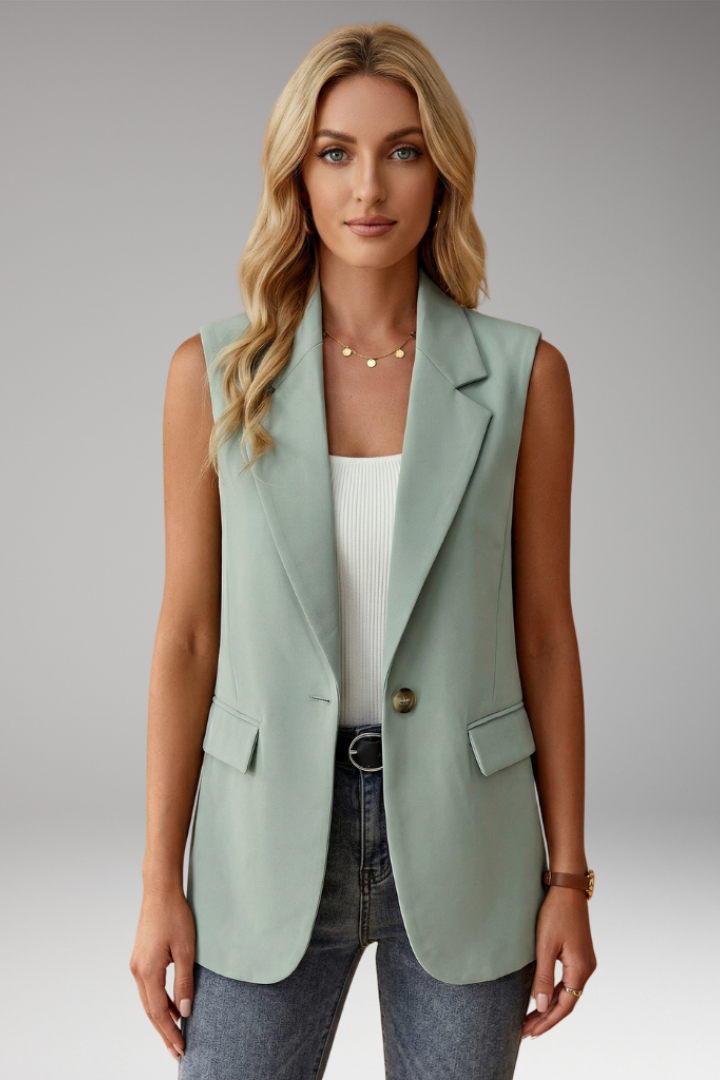 Chic women's sleeveless blazer waistcoat with a notch collar, ideal for elegant layering workwear.