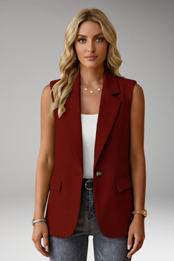 Modern women's sleeveless blazer vest, featuring a notch collar, suitable for office or business fashion.