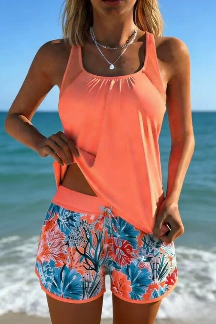 Stylish marine print tankini set, ideal resort wear for women's vacation outfits and coastal summer style.