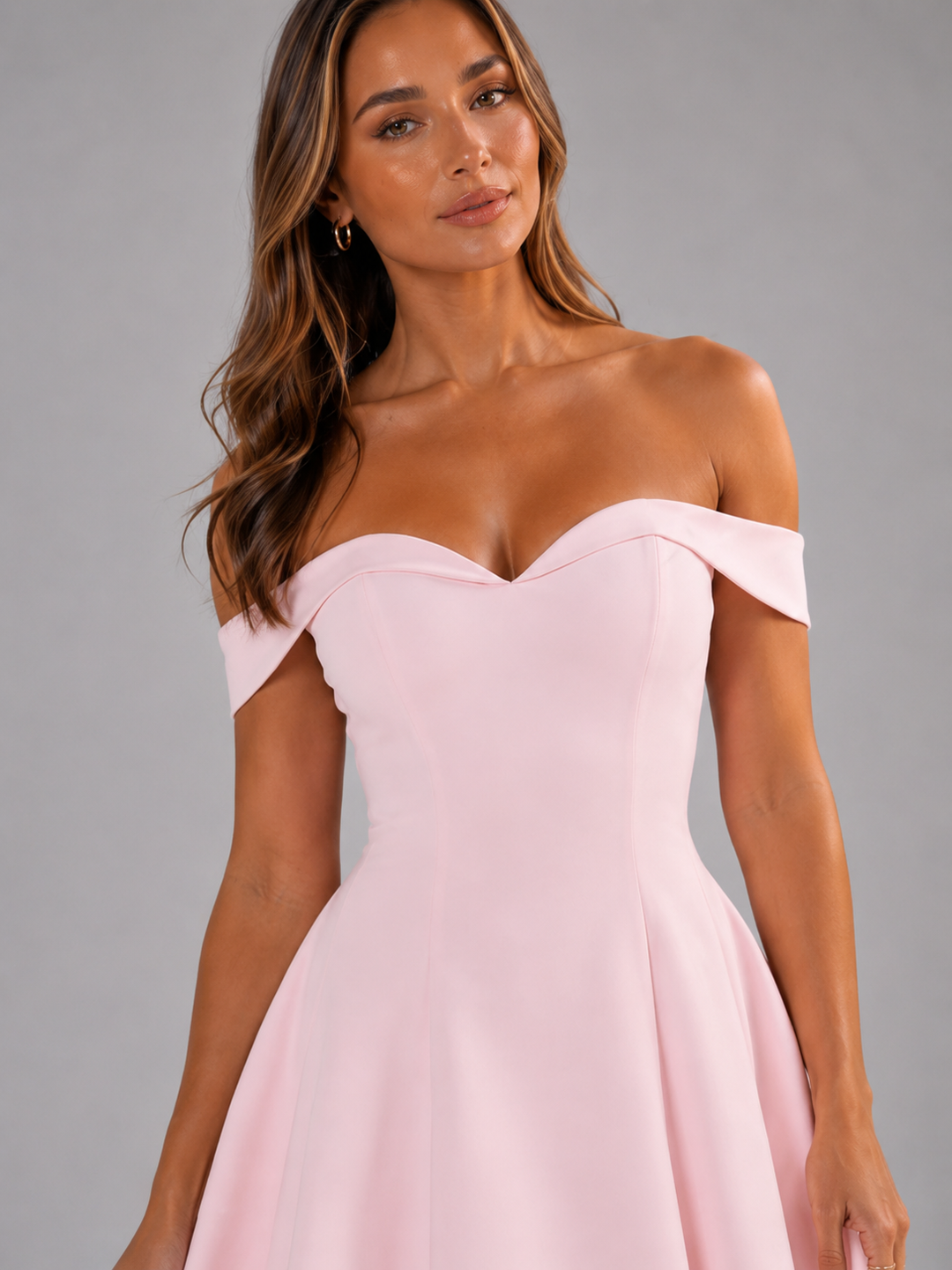Flattering A-line mini dress, off-shoulder style, sweetheart neckline. A must-have party dress.