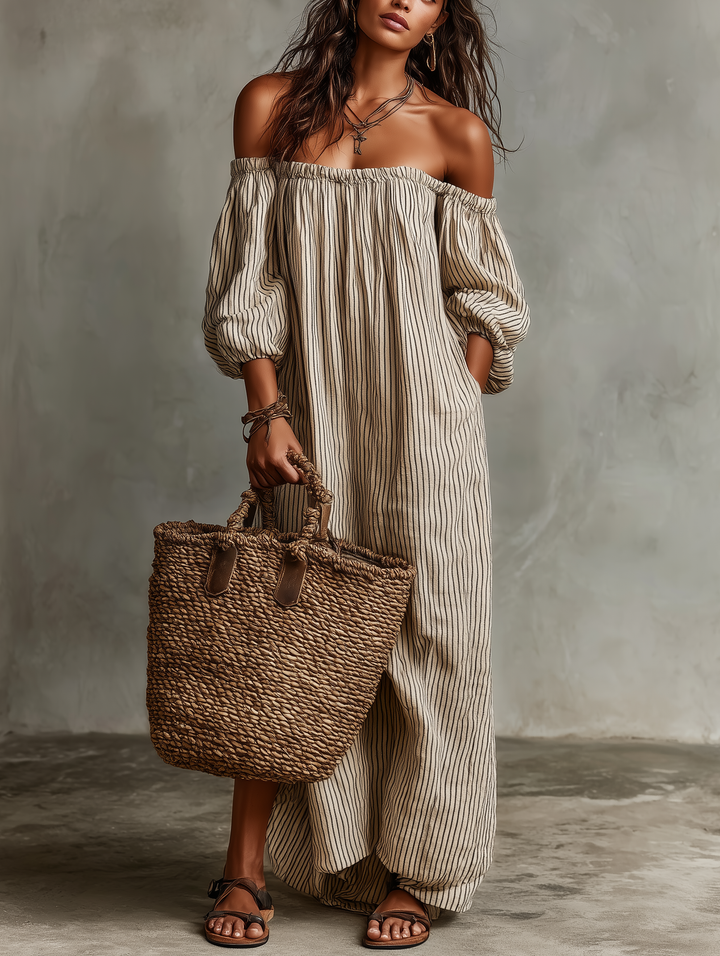 Women's off-shoulder long sleeve maxi dress, perfect for vacation beachwear or elegant resort fashion.