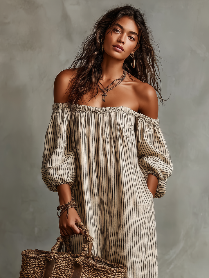 Flowy women's off-shoulder long sleeve maxi dress for resort wear, elegant beach fashion & casual days.