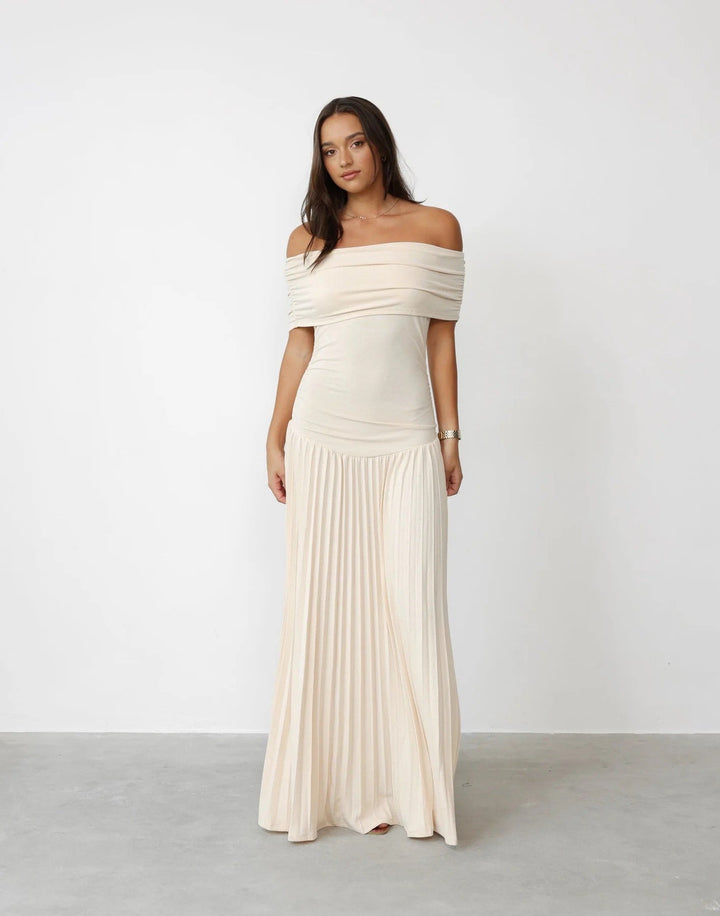 Women's off-shoulder pleated maxi wedding guest dress in elegant cream.
