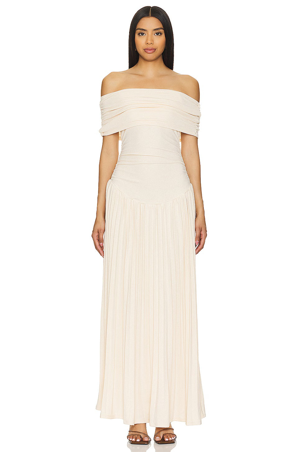 Cream off-shoulder pleated maxi dress for women, ideal for a wedding party.