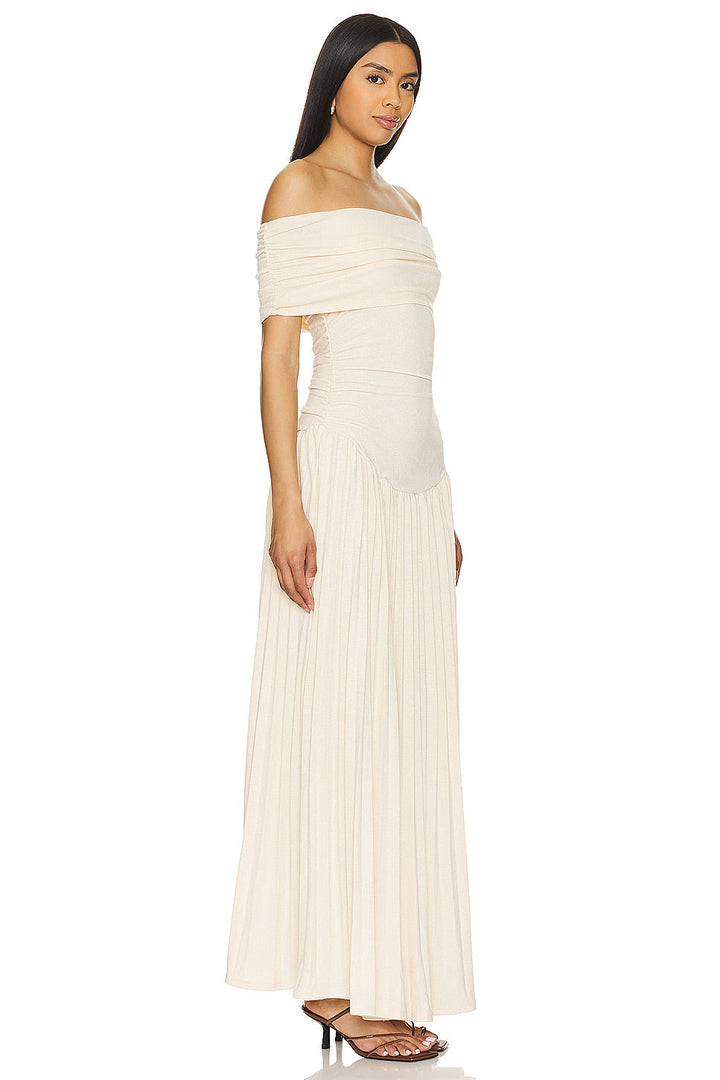 Women's off-shoulder pleated blue maxi dress, an elegant evening choice.