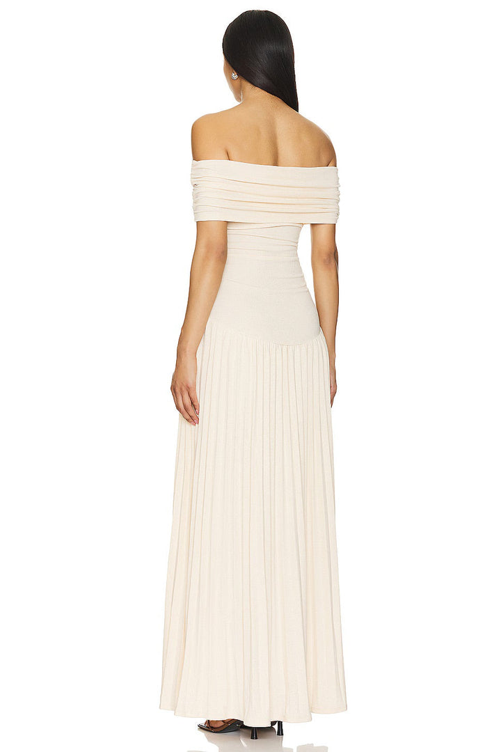 Stunning navy off-shoulder pleated maxi dress, perfect for formal wear.