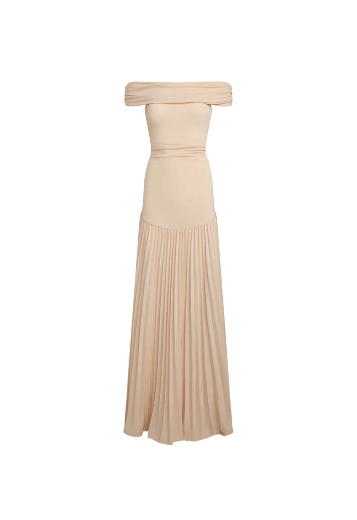 Sophisticated cream off-shoulder pleated maxi dress for special events.