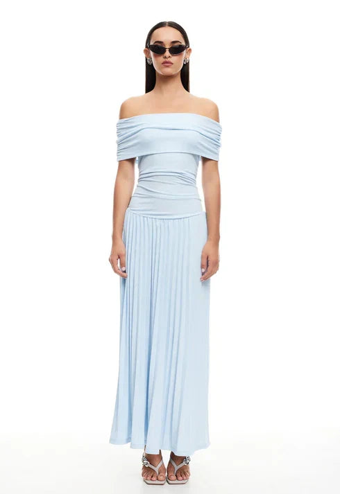 Stylish blue off-shoulder pleated maxi dress for wedding guests and formal events.