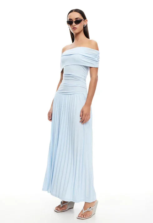 Blue off-shoulder pleated maxi dress for women, a stylish wedding guest option.